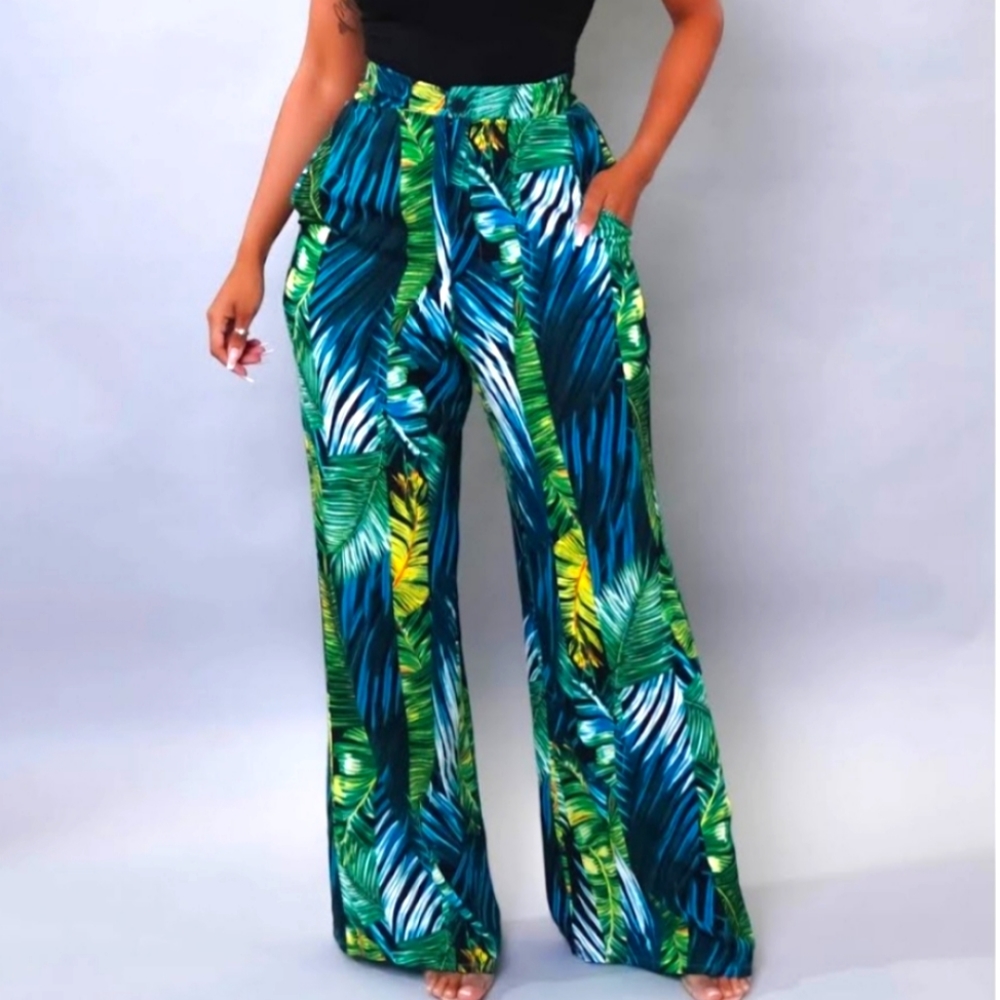 Tropical Print Wide Leg Pants